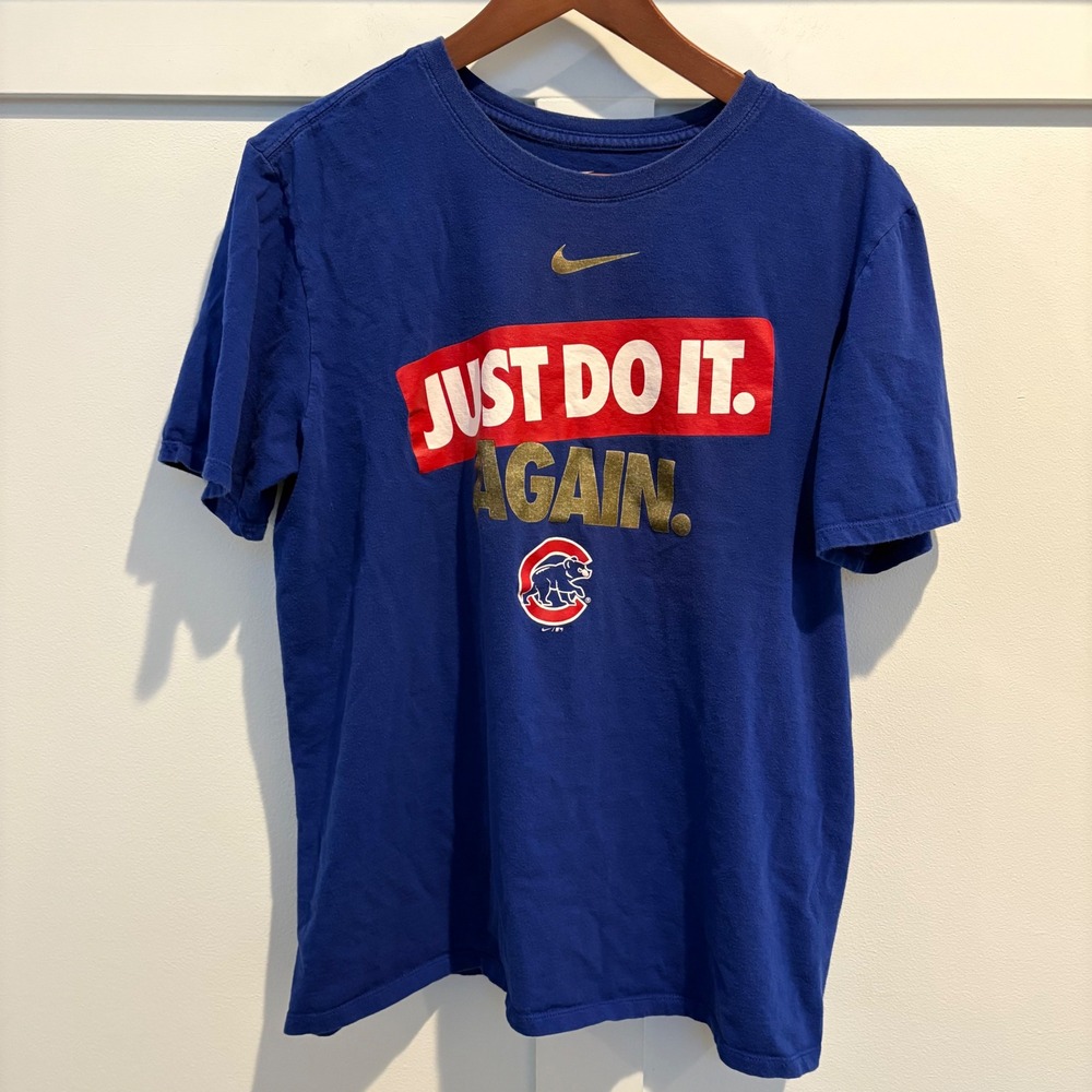 Nike Mens Chicago Cubs Just Do It Again T Shirt Blue Size Large Athletic Cut MLB